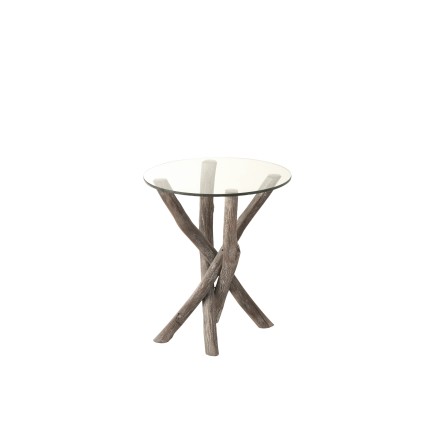 Table d’appoint avec dessus verre et pied en branches de bois gris délavé