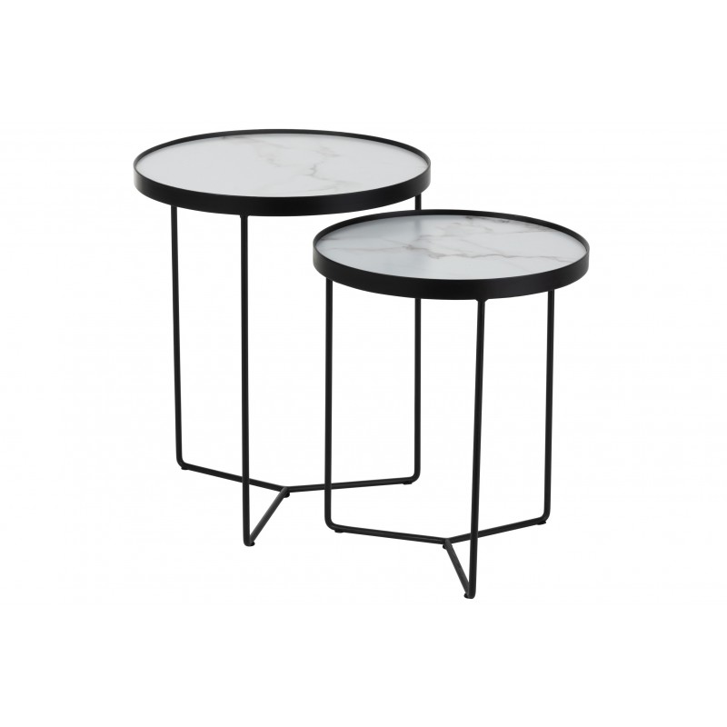 2 tables gigognes rondes en structure métal et tablette en bois blanc marbré