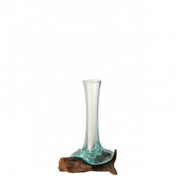 Vase en verre sur pied en bois de gamal marron 15x9x21 cm