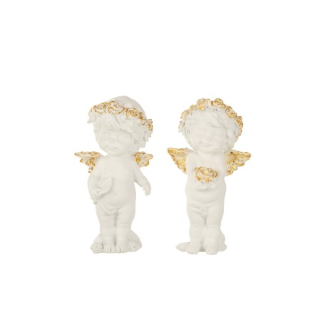Conjunto de 2 Ángeles de Navidad de resina blanco - oro 10x8x18 cm