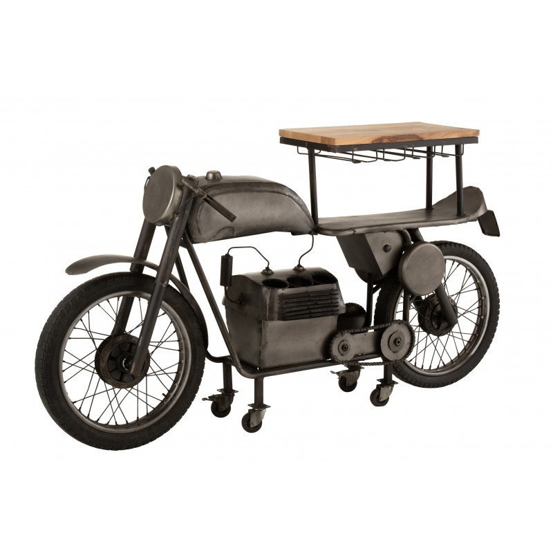 Bar motocyclette en métal gris foncé et tablette en bois de manguier