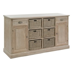 Dressoir 2 portes et 6 paniers en bois naturel 158x40x86 cm