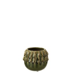 Cachepot rond en céramique verte avec décoration tropicale