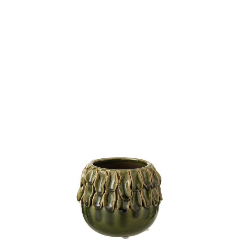 Cache-pot rond en céramique verte avec décoration tropicale Cache-pot rond en céramique verte avec décoration tropicale
