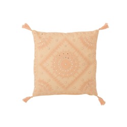 Coussin carré avec motifs et pompons en coton orange 49x49cm