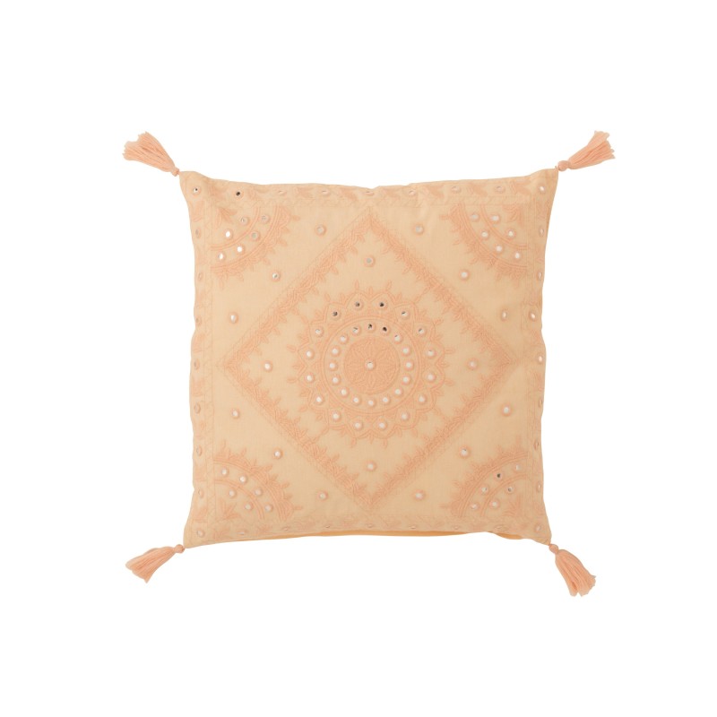 Almofada quadrada com motivos e pompons em algodão laranja 49x49cm Almofada quadrada com motivos e pompons em algodão laranja 49x49cm
