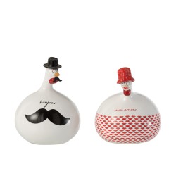 Juego de 2 gallinas con palabra en cerámica blanca - roja 16x16x21 cm