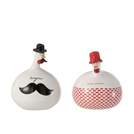 Juego de 2 gallinas con palabra en cerámica blanca - roja 16x16x21 cm