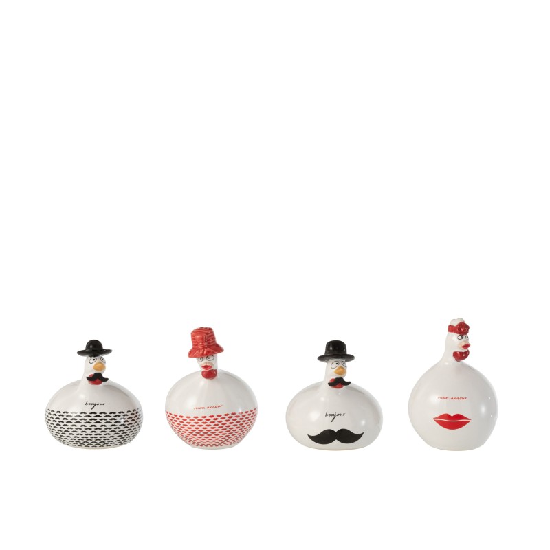 Set de 4 poules avec mot en céramique blanc - rouge 7x7x11 cm