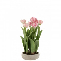 Tulipe dans pot en ciment en textile rose 34x31x49 cm