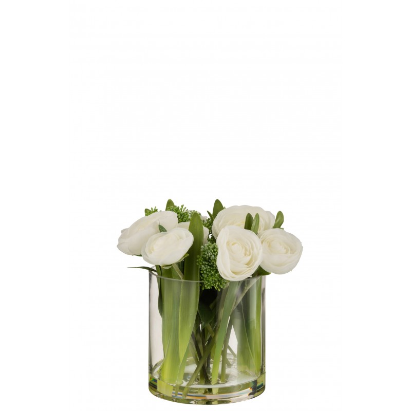 Renoncule artificiel dans vase en textile blanc 15x15x25 cm