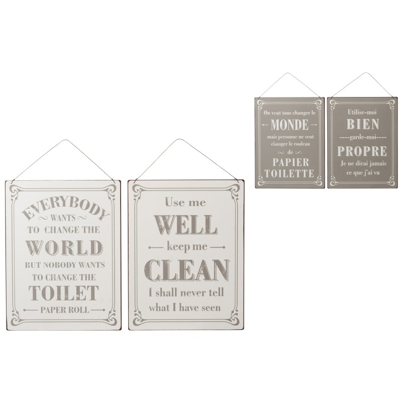 Lote de 2 letreros de baño en inglés y francés de metal blanco y gris de 30x40cm