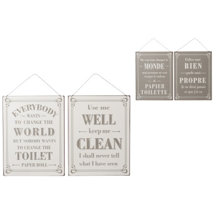 Lote de 2 letreros de baño en inglés y francés de metal blanco y gris de 30x40cm