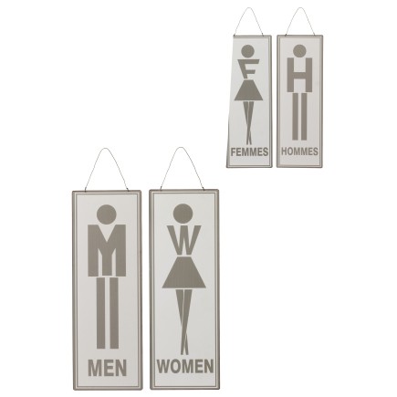 Lot de 2 pancarte toilettes anglais et français en métal blanc et gris 16x46cm