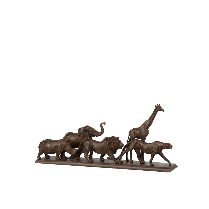 5 animaux sur socle en résine marron 50x9.5x22 cm