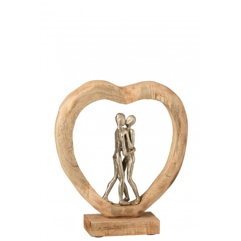 Couple de personnages dans coeur en bois de manguier naturel 29x9x35cm