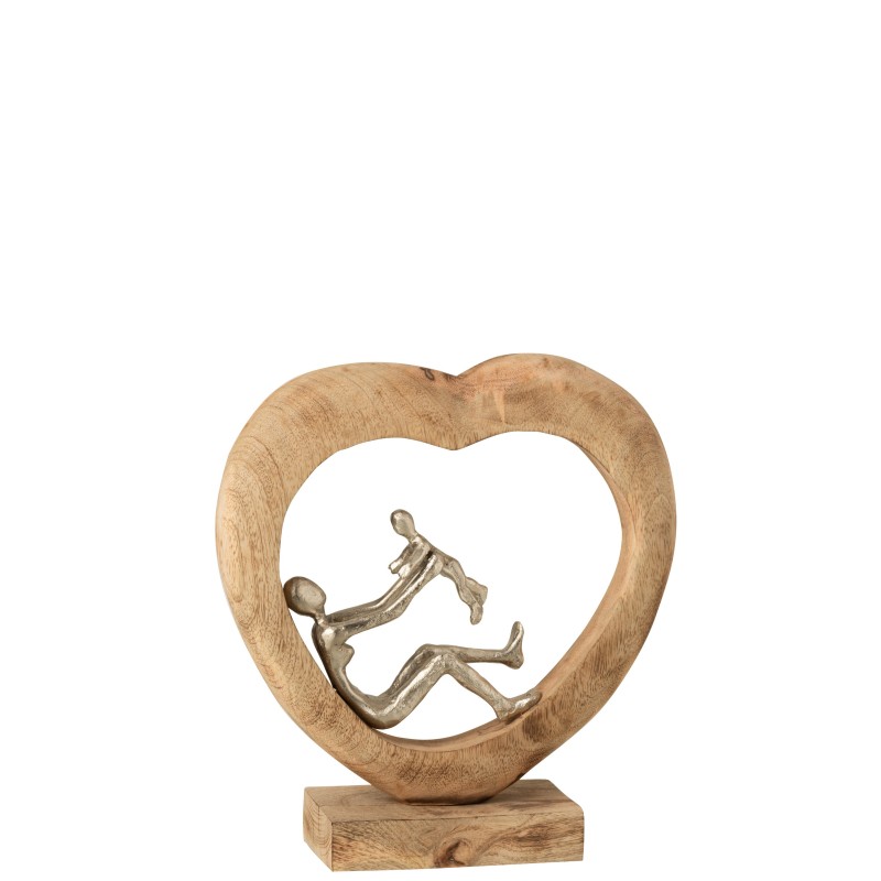 Femme avec enfant dans coeur en bois de manguier naturel 28x9x30cm