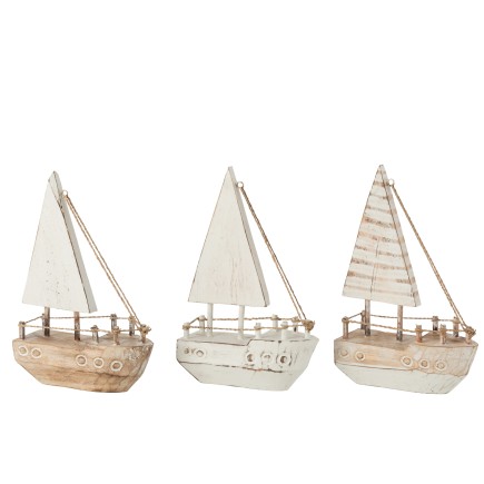 Lote de 3 barcos de madera blanca y natural L16*l6*H27cm