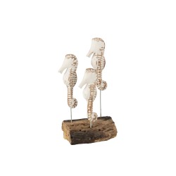 3 caballitos de mar sobre base de madera blanca y natural L16xl8xH27cm