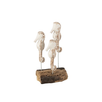 3 caballitos de mar sobre base de madera blanca y natural L16xl8xH27cm