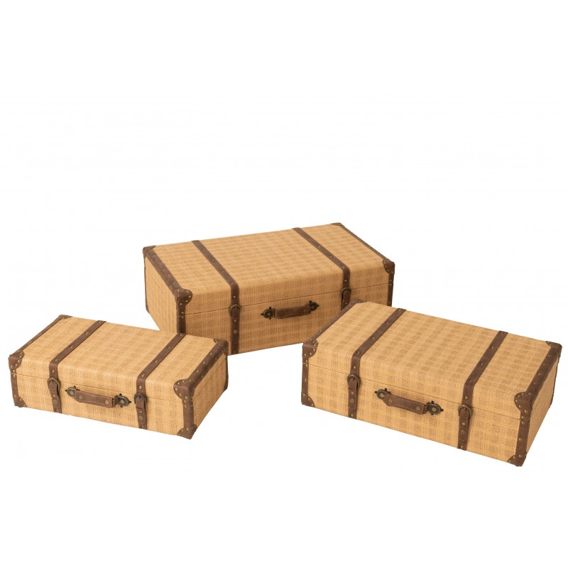 Set de 3 coffres en bois beige et marron L55 à 75cm H16 à 24cm