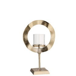 Vaso portacandele rotondo in vetro su base in alluminio dorato 28x15x46 cm