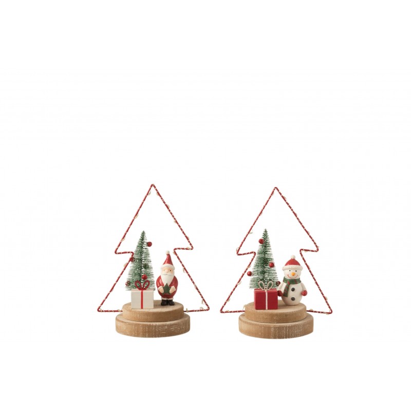 Lot de 2 sapins de Noël avec led en bois rouge et naturel H21cm