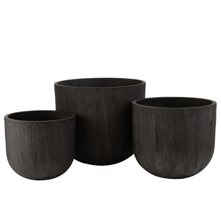 Lote de 3 macetas redondas de cerámica negra H. 33 a 46 cm