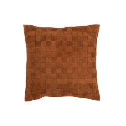 Coussin carré avec damier en cuir cognac 43x43cm