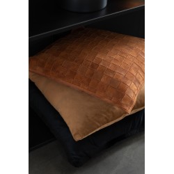 Coussin carré avec damier en cuir cognac 43x43cm
