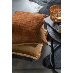 Coussin carré avec damier en cuir cognac 43x43cm