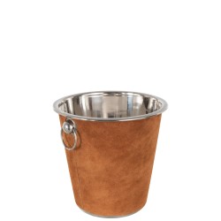 Seau à glace rond en métal et cuir cognac D22cm