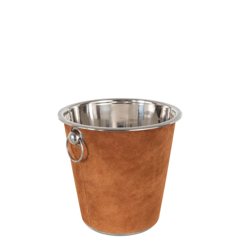 Seau à glace rond en métal et cuir cognac D22cm