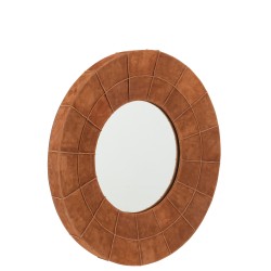 Miroir rond avec cadre en cuir cognac de 70 cm