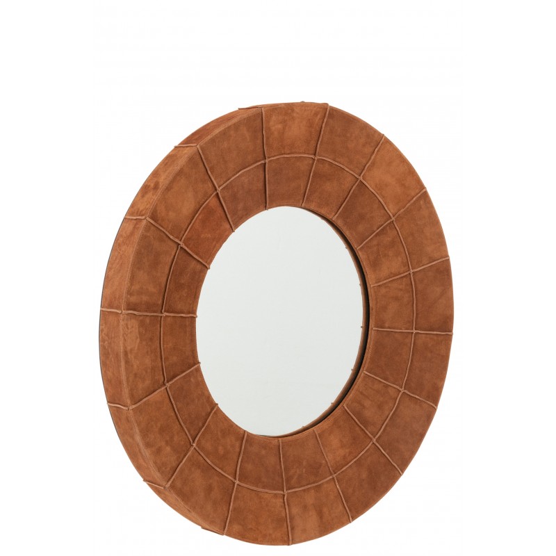 Miroir rond avec cadre en cuir cognac de 70 cm