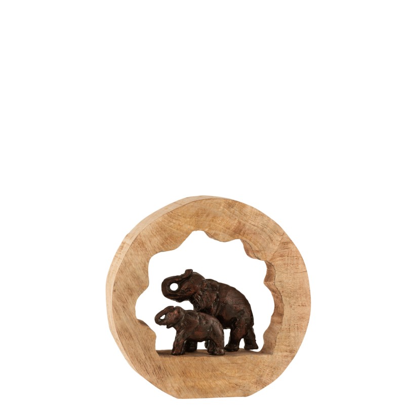 Éléphante et son bébé en aluminium bronze dans un rond de bois de manguier