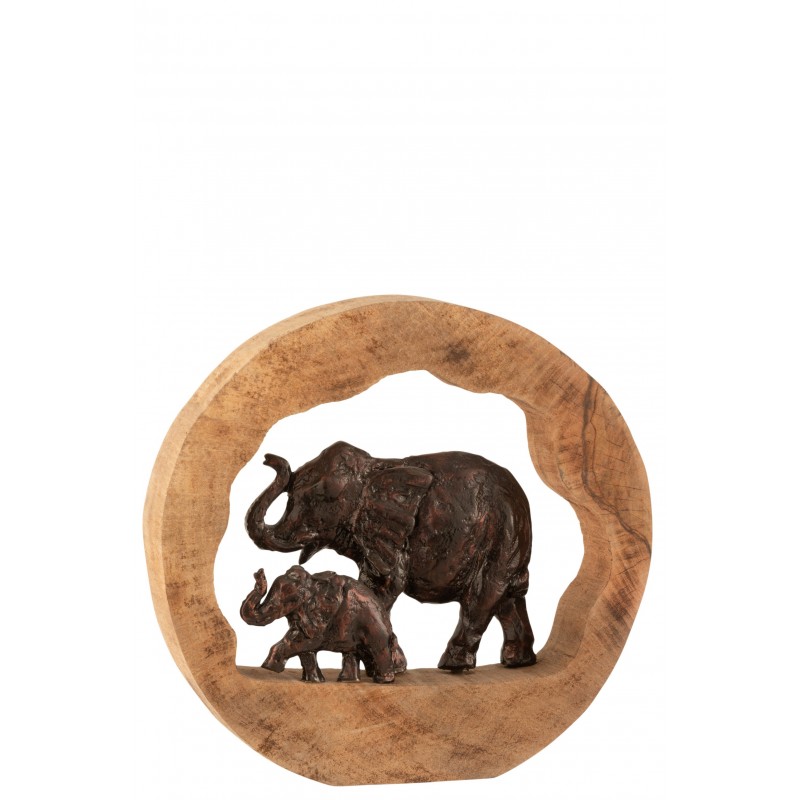 Éléphante et son bébé en aluminium bronze dans un rond de bois de manguier