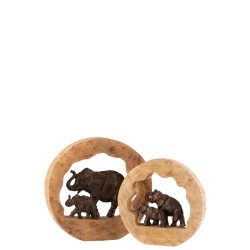 Éléphants en bronze dans bois de manguier naturel 35x8x35 cm