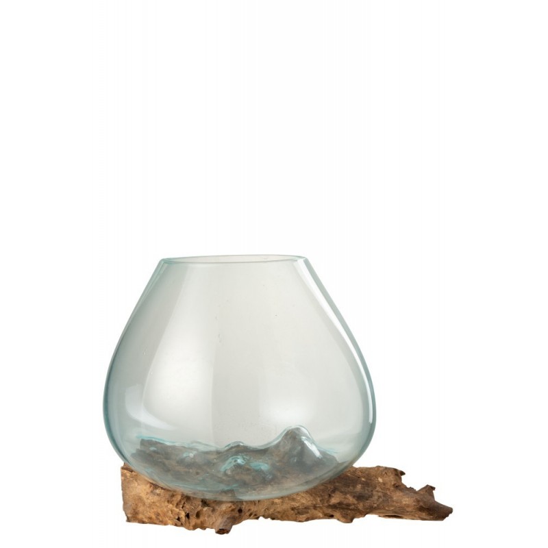 Vase en verre recyclé sur pied en bois naturel