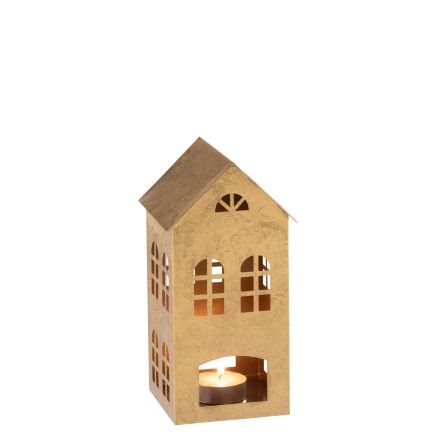 Bougeoir en forme de maison métal doré 15x14x28cm