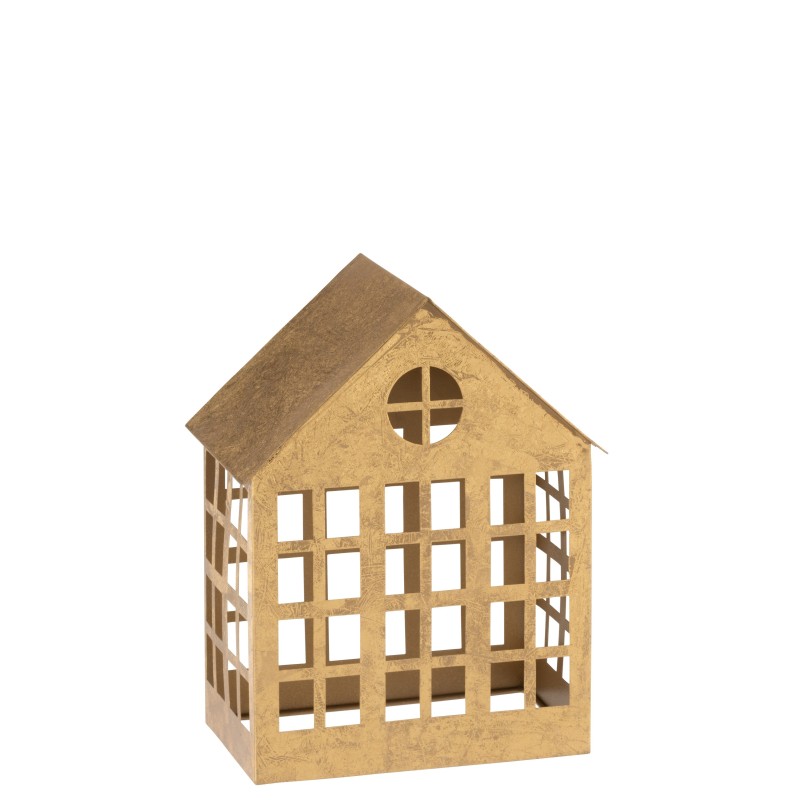 Castiçal em forma de casa em metal dourado 28x22x15cm