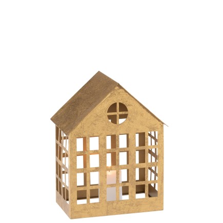 Castiçal em forma de casa em metal dourado 28x22x15cm