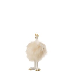 Figurine décorative poule debout en résine et peluche ivoire 20x11x7cm