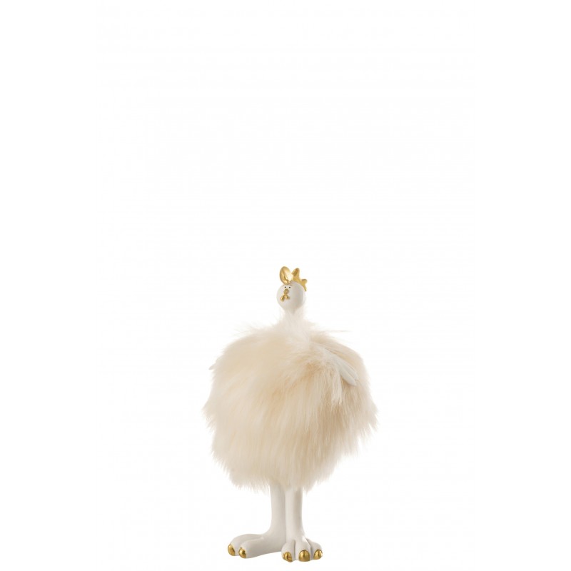 Figurine décorative poule debout en résine et peluche ivoire 20x11x7cm