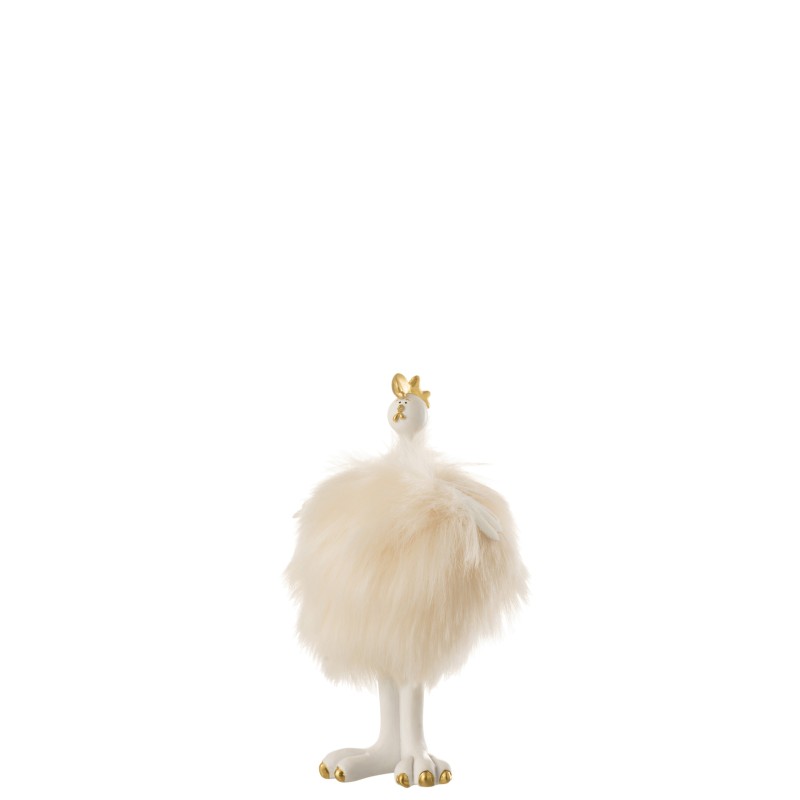 Figurine décorative poule debout en résine et peluche ivoire 20x11x7cm
