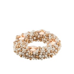 Couronne avec photophores composée de mini boules de Noël écru et or