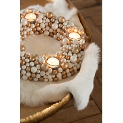 Couronne avec photophores composée de mini boules de Noël écru et or