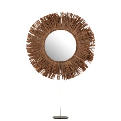 Miroir rond dans cercle de coquillage et raphia marron sur pied