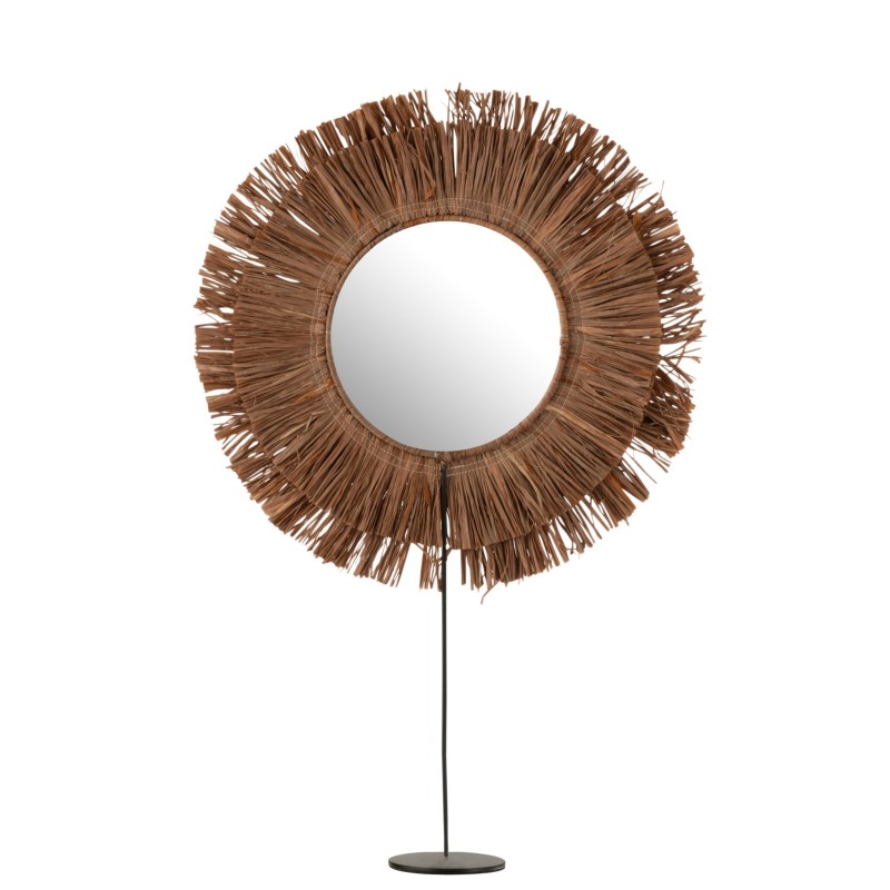 Miroir rond dans cercle de coquillage et raphia marron sur pied