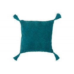 Coussin carré avec coin floches en coton turquoise 46x46cm